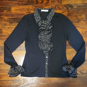 Anne Fontaine Black Emira Button Down Blouse Double Ruffle Front with Polka Dots